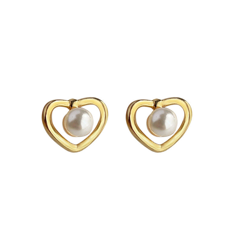 Heart Pearl Stud Earrings Light Luxury Minority Women's Heart-shaped Hollow-out